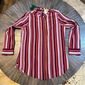 Figue Silk Vibrant Purple, Red, Teal‎ & Pink Striped Long Sleeve Blouse Small